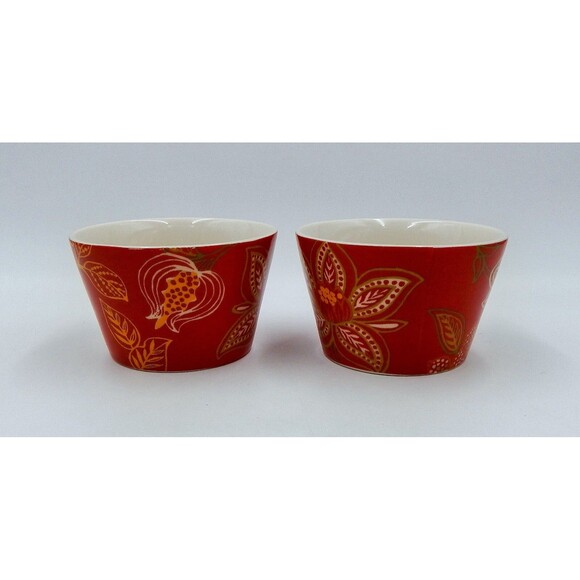 222 FIFTH Koson Spice Dark Porcelain Appetizer Bowls Set of 2 Red Floral Leaves - Picture 2 of 7